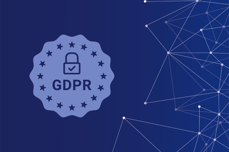  GDPR compliance concept with a security badge and network design, highlighting privacy concerns about Google Recaptcha cookies and data protection