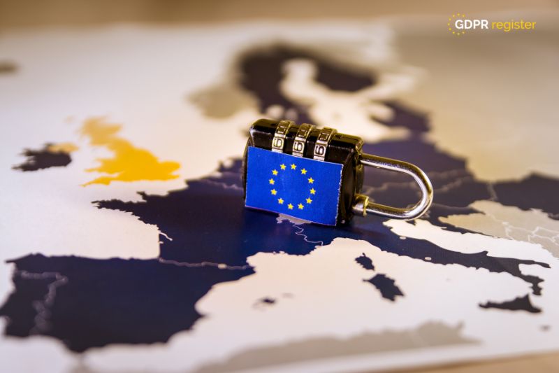 GDPR compliance symbolized by a locked padlock on a European map, ensuring secure and sustainable business practices
