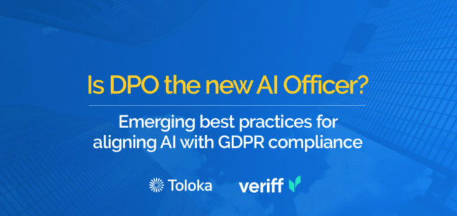 Webinar titled 'Is DPO the new AI officer' discussing the evolving role of data protection officers in the age of AI. Featuring speakers from GDPR Register, Veriff, and Toloka